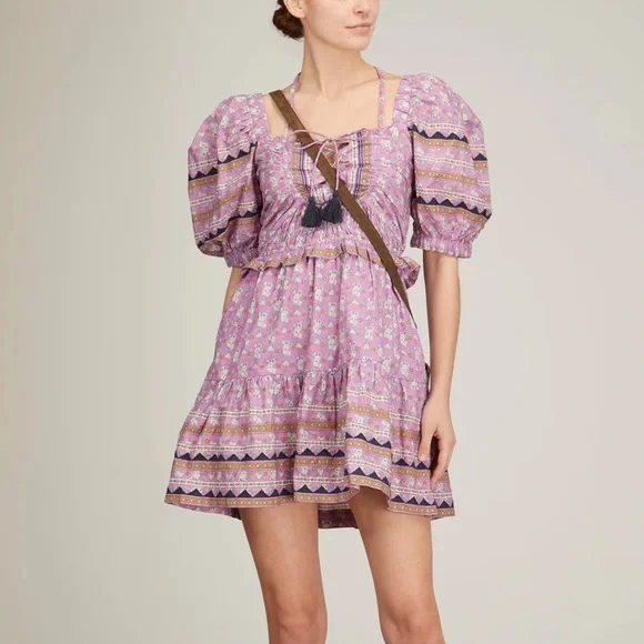 Sea New York lilac perry border ワンピース Lilac Perry Border Puff Sleeve Dress | Sea New York